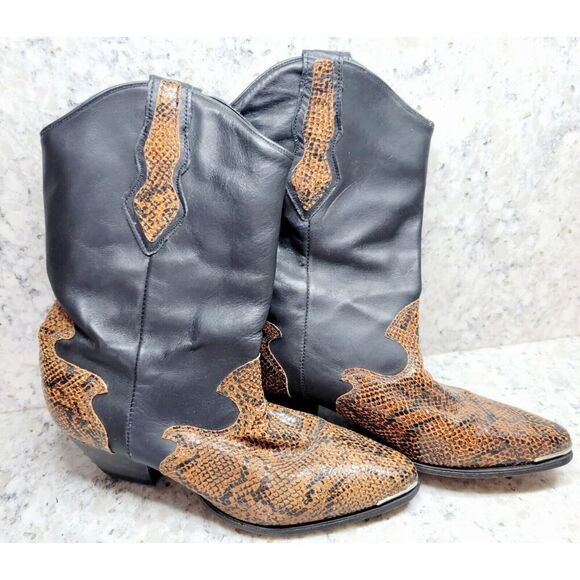 Code West 7 Vintage‎ Women's Leather Brown Black Cowboy Boots Size 7M - Picture 1 of 11